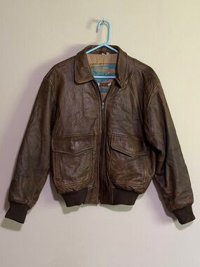 Vintage NAK Brown Leather Bomber Jacket with Ribbed Hem